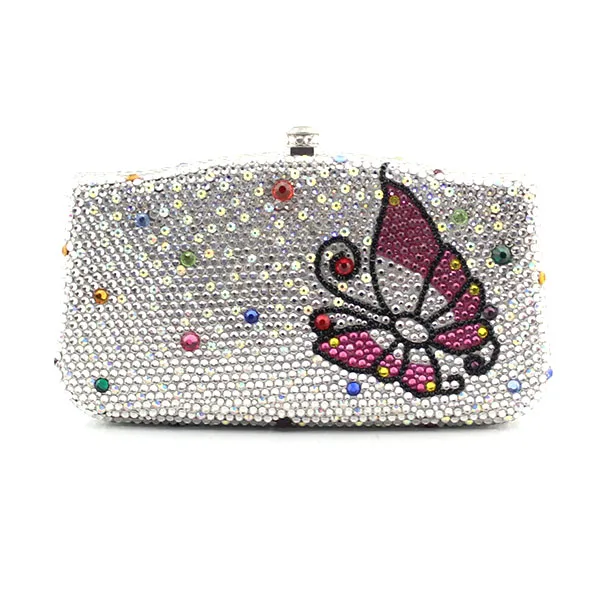 

Crystal Lady fashion Bridal Night Metal Evening purse butterfly pattern clutch bag case box handbag (1027-WB)