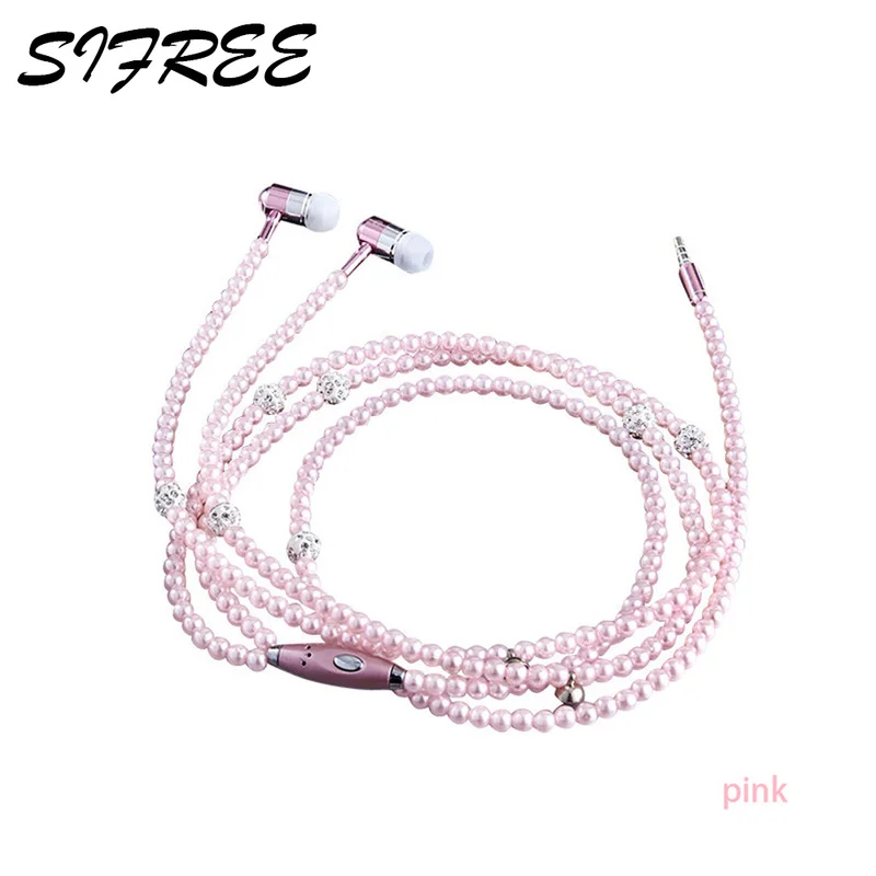 

Pearl Necklace Earphones Rhinestone Jewelry With Mic Headset Line Type Earpiece For Iphone Xiaomi Huawei Connect To Audio Device