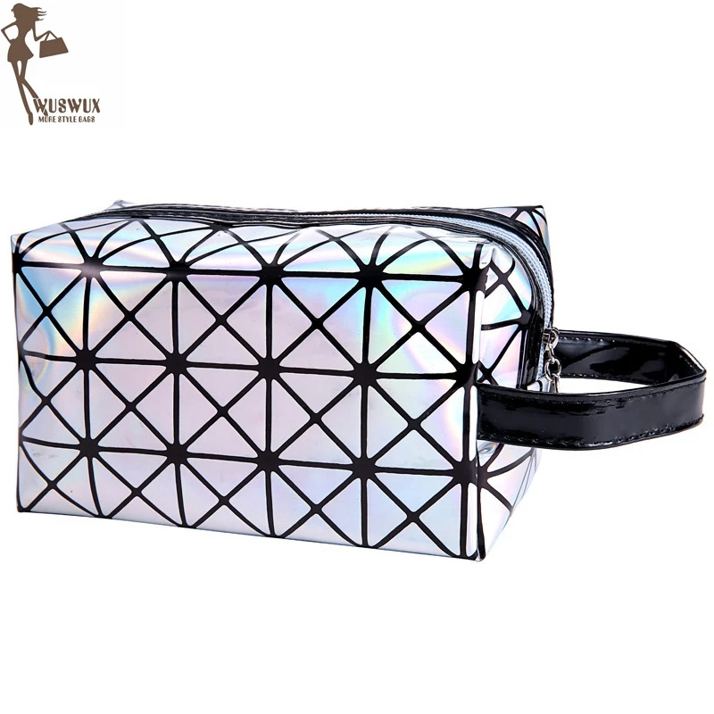 

new fashion Cosmetic bag laser PU Geometric make up bag women beauty bag casual travel makeup case organizer toiletry kit