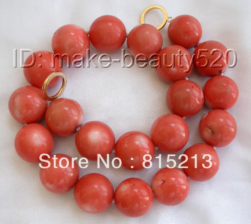 

ddh0032 big 20mm round natural pink coral beads necklace 14K gold clasp