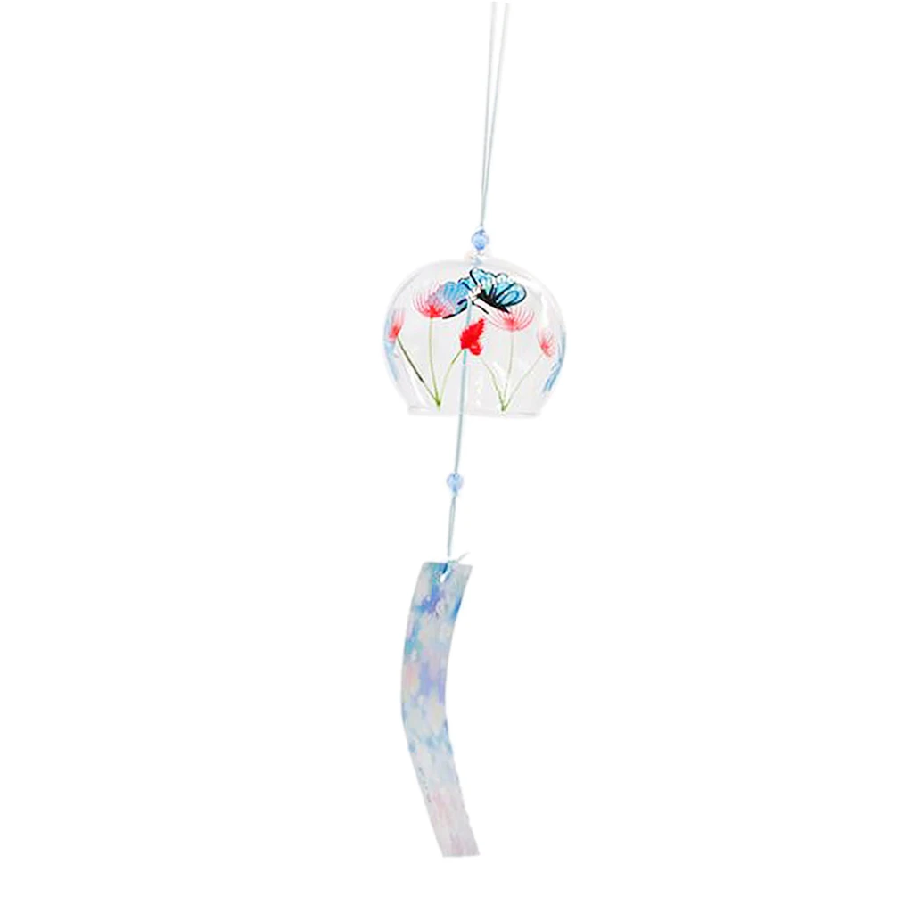 Japanese Culuture Glass Bell Furin Wind Chime Hanging Decor Butterfly Flower Pattern Decoration Crafts