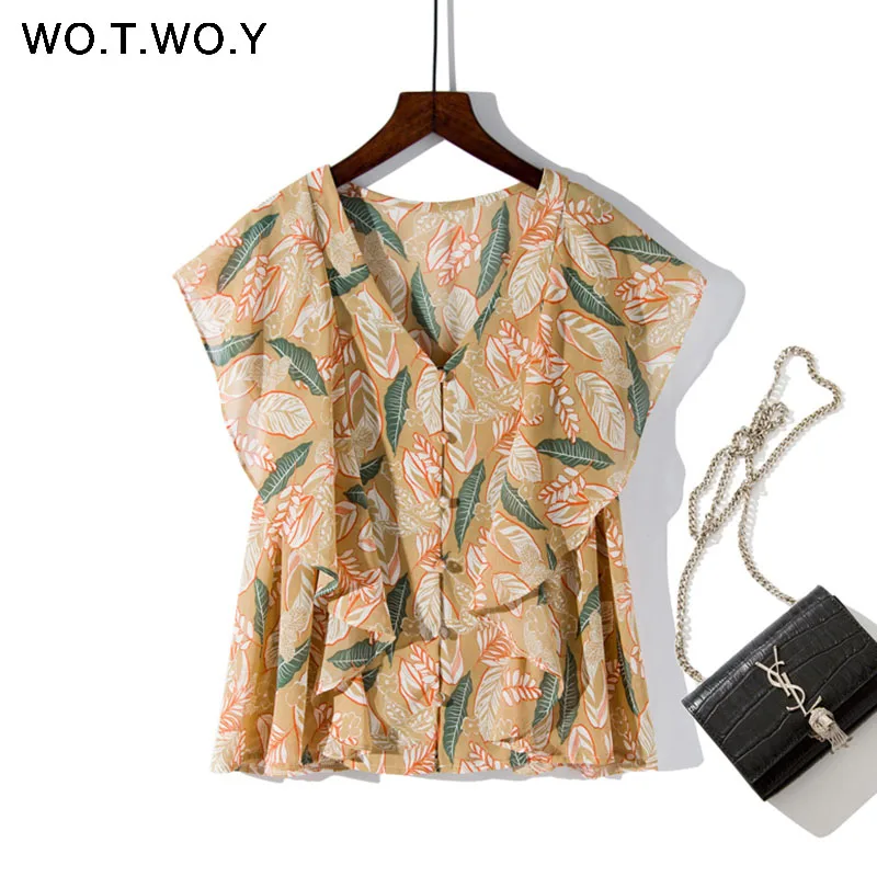 

WOTWOY Floral Print Ruffles T-shirts Women Boho V-neck Sexy Loose Short Sleeve Yellow Tees Shirt Korean Lady Tshirt 2019 Summer