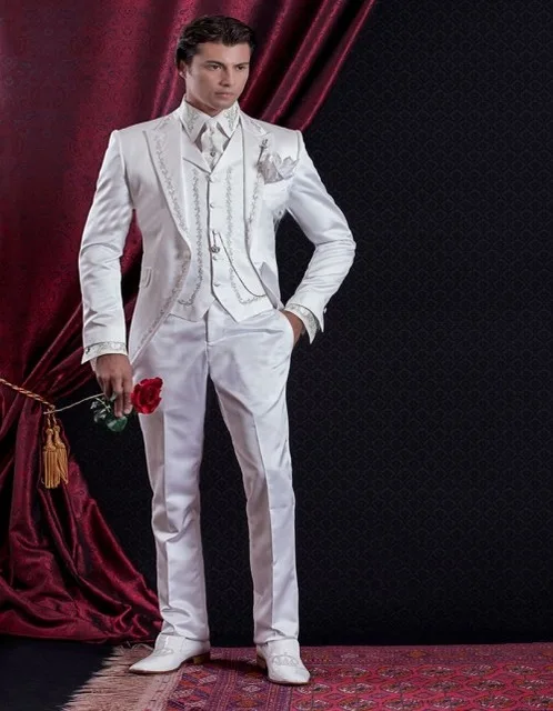 Embroidery Groomsmen Tuxedos(Jacket+Pants+Vest) White Groom Wedding Men Suit Set Prom Mens Suits Blazers Terno Masculino