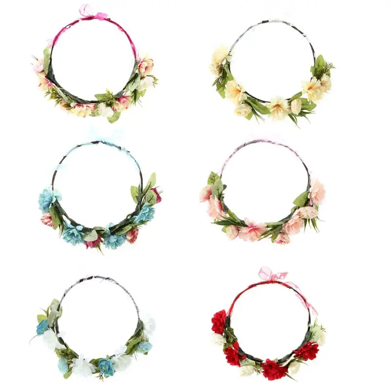 

Ladies Girl Boho Candy Colorful Imitation Rose Flower Hairband Wedding Garland Wreath Ribbon Bowknot Unadjustable Crown Headband