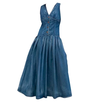 

big Swing jeans dress summer vintage New Denim Women Dresses V-Neck Sleeveless single breasted A-line