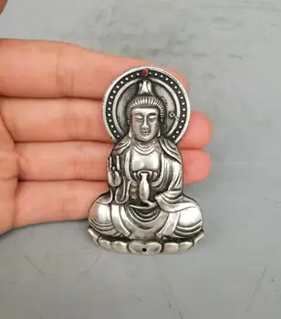 

Collection Tibetan silver hand carved Guanyin Buddha amulet pendant #6