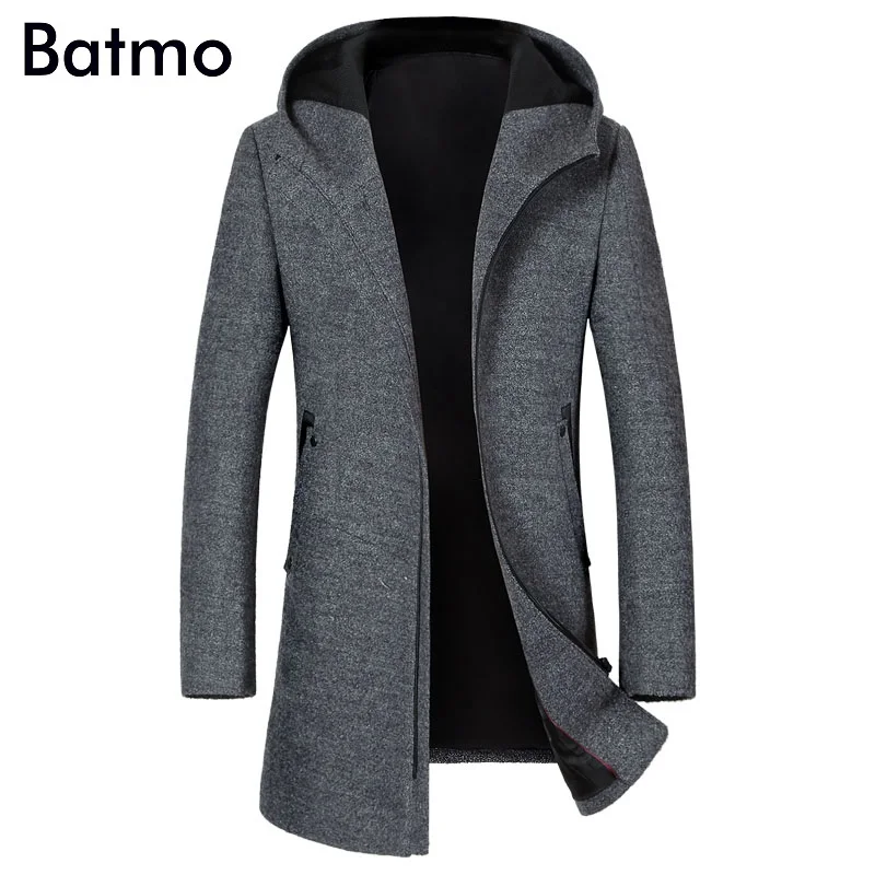 

BATMO 2019 new arrival autumn&winter high quality wool hooded gray trench coat men,men's wool jackets,winter coat 1812