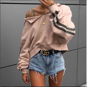 

New Women Pullovers Stylish Short Striped With Hooded Hat casual suit women shirt loose sweatshirt crop top