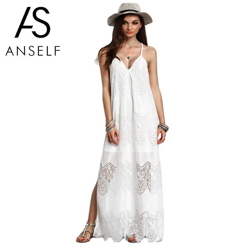 

Anself Women Casual Long Loose Dress Scalloped Lace Spaghetti Straps Plus Size Beach Dress 5XL Boho Maxi Tunic Dress Robe Femme