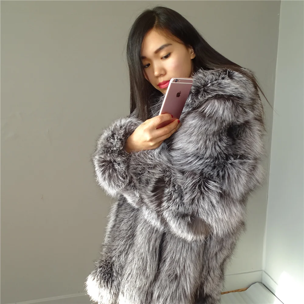 

real fur Silver fox fur coat women dress cap Long sleeves big hat thick and warm 2019 new models10