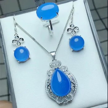 

Exquisite Natural Chalcedony Jewelry Set with 925 Silver Inlaid Pendant Ring Earring Pendant for Ladies
