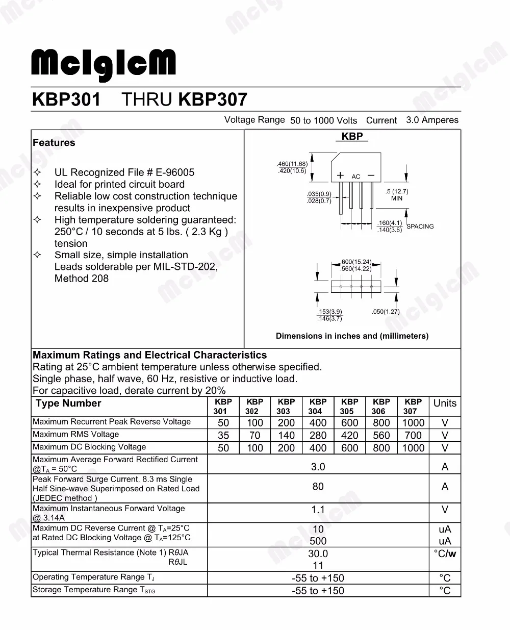 MCIGICM 20 шт. 3A 1000 В диодный мостовой выпрямитель kbp307