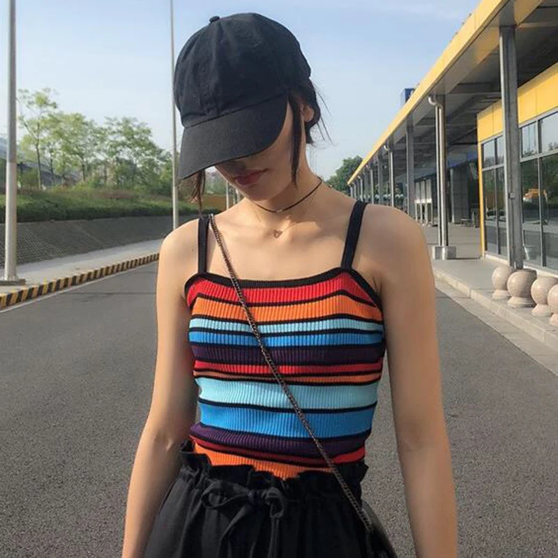 2 цвета Mihoshop Ulzzang Корейская женская модная одежда милая Радужная Нео полосатая