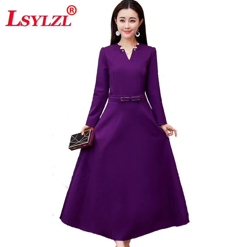 

LSYLZL Women Dress 2018 New Fashion Spring Long Sleeve Dress Wine red Purple Dark green black V-Neck Party Dresses Plus Size T32