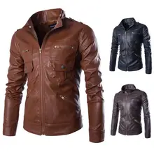 Black 2016 winter motorcycle leather jacket men water washed leather clothing short coats fashion slim stand collar british 3XL