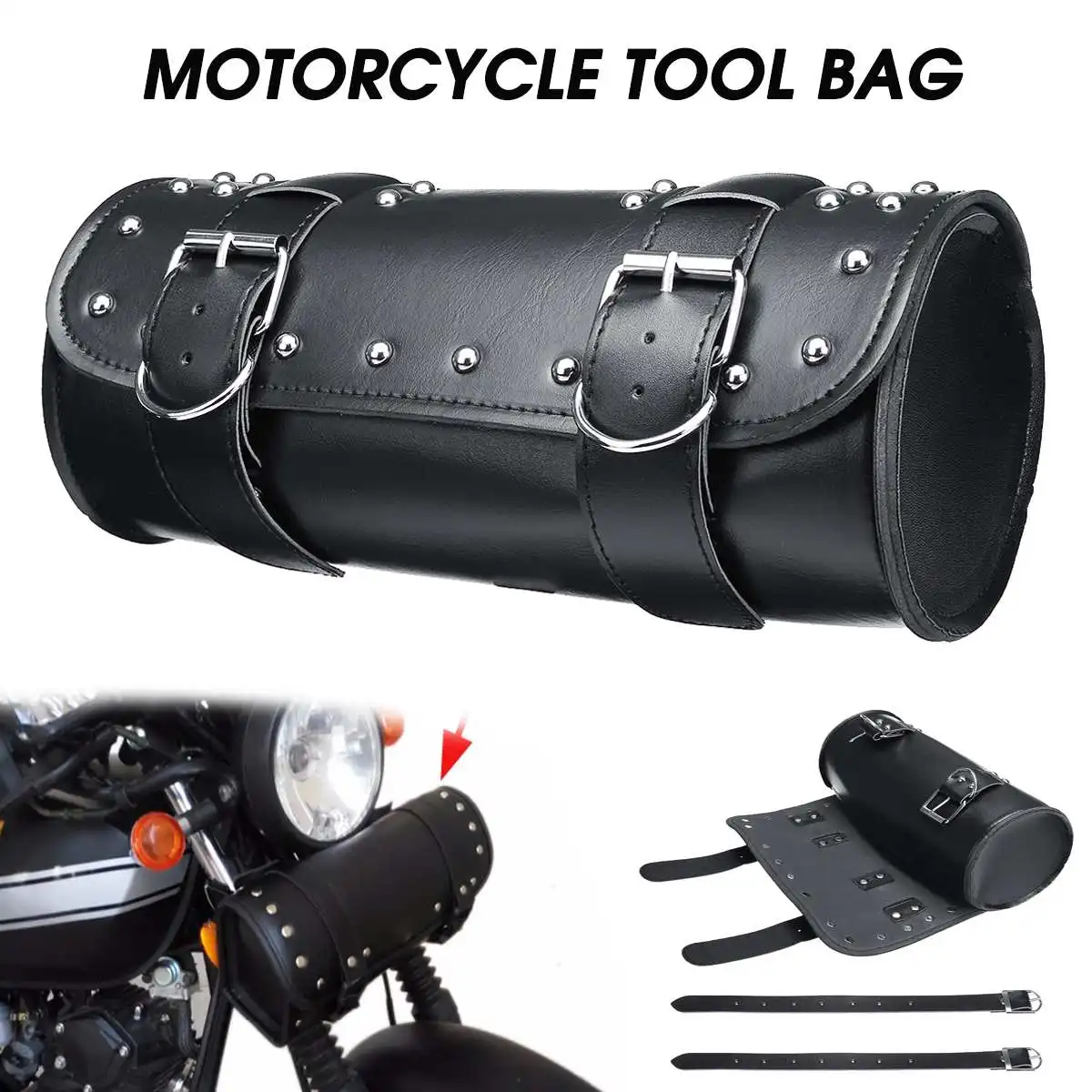 

Universal Black Motorcycle Tool Bag Front Fork Handlebar Saddlebag Roll Barrel For Harley Bobber Racing Tail Barrel Storage