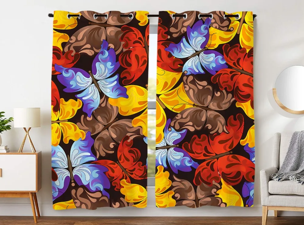 

HommomH Curtains (2 Panel) Grommet Top Darkening Blackout Room Colorful Butterfly Stitching