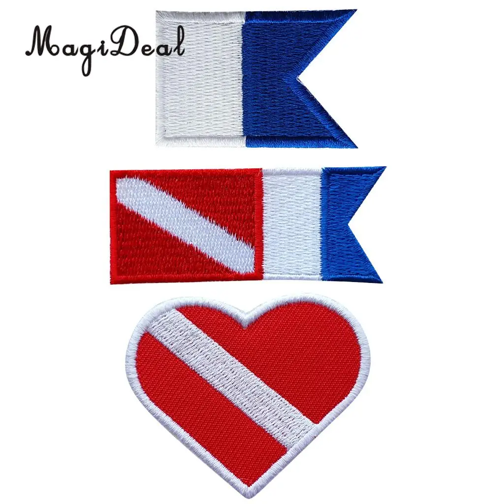 3Pcs Dive Diver Down Flag Alpha Flag Patch Patches Backpack Badges Iron On Embroidered Applique Underwater Scuba Diving Souvenir