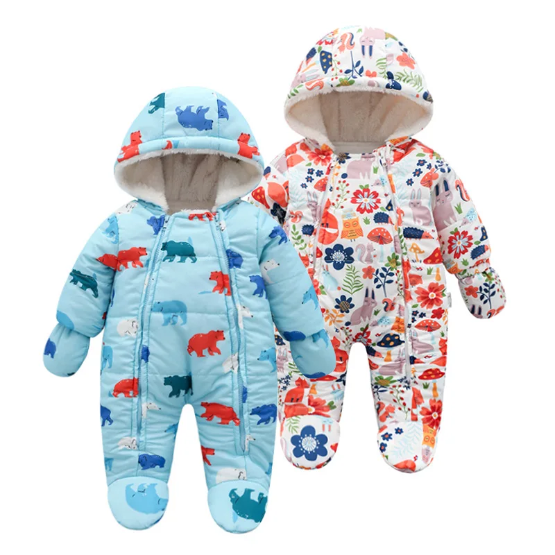 

Autumn Winter Newborn Baby Romper Plus Velvet Cartoon Animal Boys Jumpsuit Hooded Warm Newborn Infant Overalls Girls Clothes