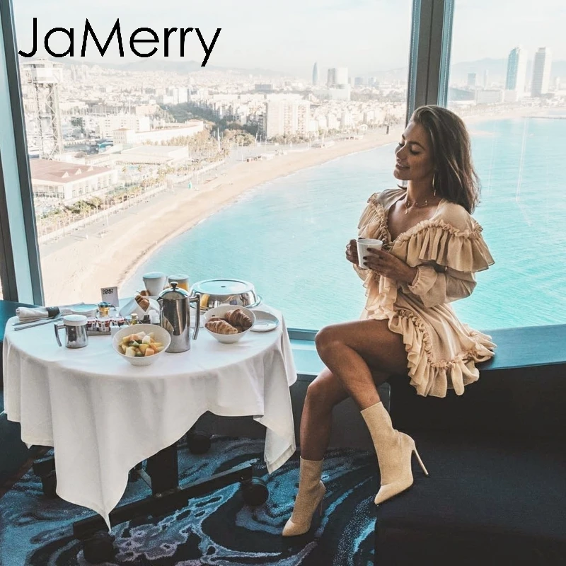 

JaMerry Sexy ruffled women mini party dress Elegant long sleeve mesh lining short dress High waist ladies dresses vestidos