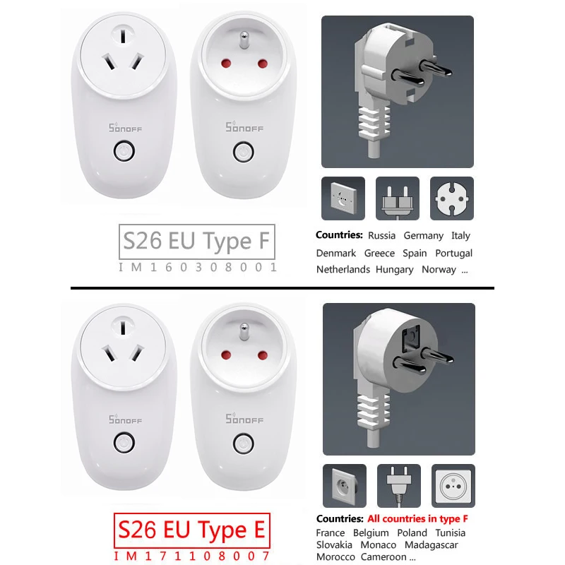 Sonoff S26 Wi-Fi Умный дом переключатель ЕС, США, Великобритании, CN разъем AU Автоматизация дистанционного беспроводного управления розетка работает с IFTTT Alexa Amazon