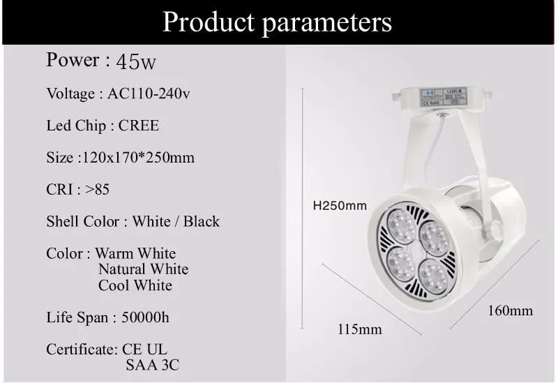 Черный/белый корпус PAR30 45 Вт светодиодные трековые светильники теплый/натуральный/холодный белый CREE Светодиодные точечные потолочные светильники AC 85-265 V CE UL SAA