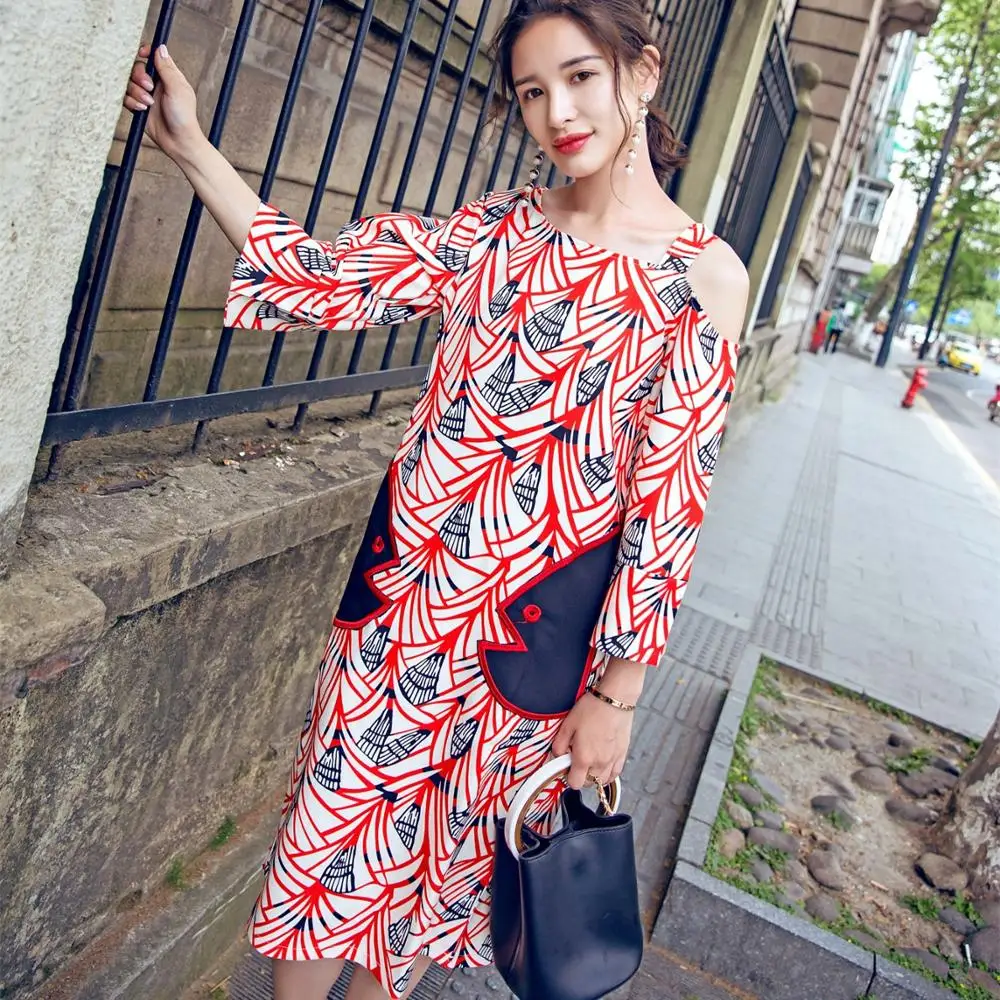 

Korean Style Women Chiffon Dress Off Shoulder Wild Casual Fashion Dress Female New 2019 Print Women Clothing