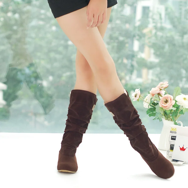 

Litthing Fashion Women's Solid Color Fleated Lace Suede Mid-calf Boots 2019 New Spring Autumn Casual Round Toe Flat Boots