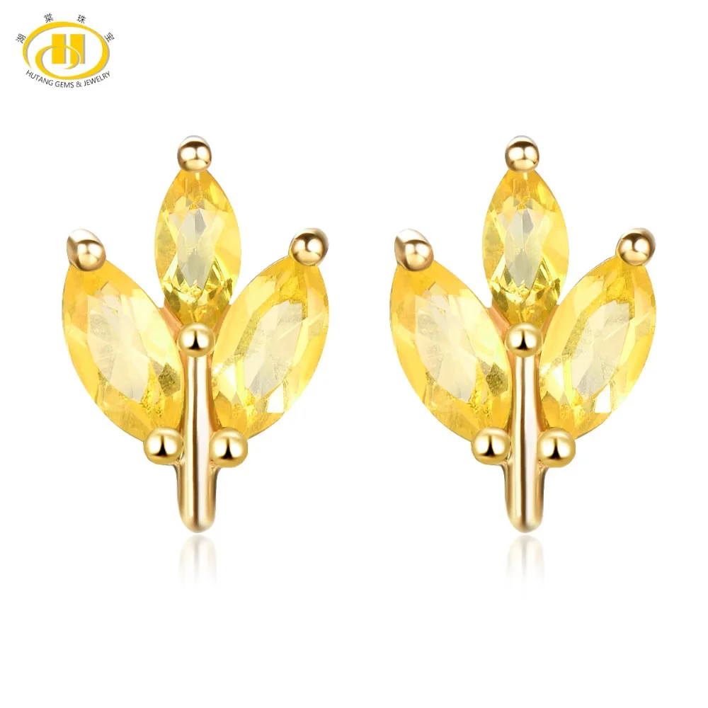 

Hutang Stone Jewelry Natural Gemstone Citrine Solid 925 Sterling Silver Buds Leaf Earrings Spring Fine Fashion Jewelry For Gift