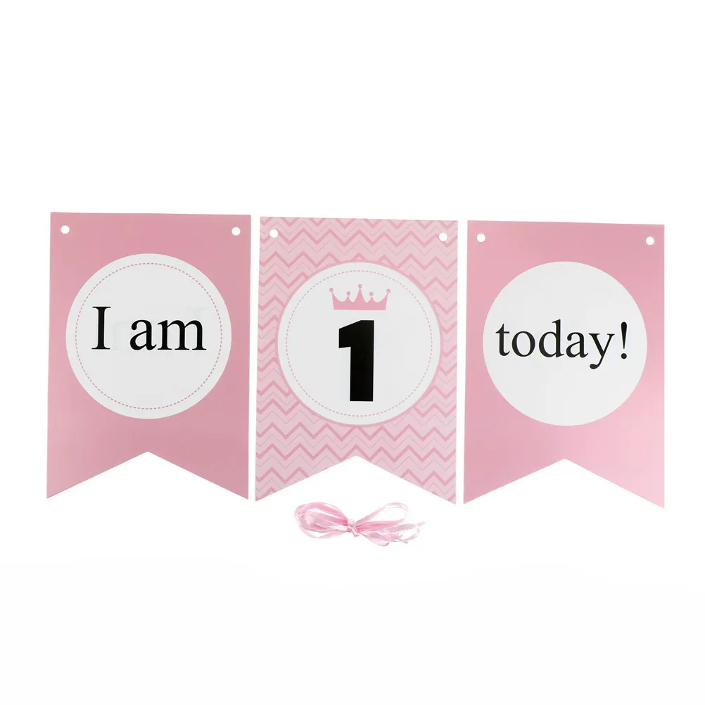MENGXIANG Baby One Year Old Birthday Hanging Decor Boy Girl An crown First Birthday Cardboard blue pink High Chair Flag Banner
