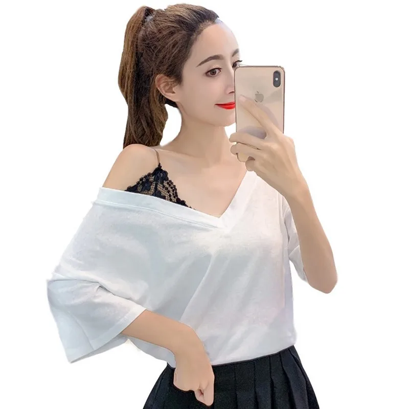 

2019 New Harajuku Summer Sling Fake Two Pieces of Net Red Female T-shirt Lace Stitching T Shirt Women Short-sleeved Tshirt Tide