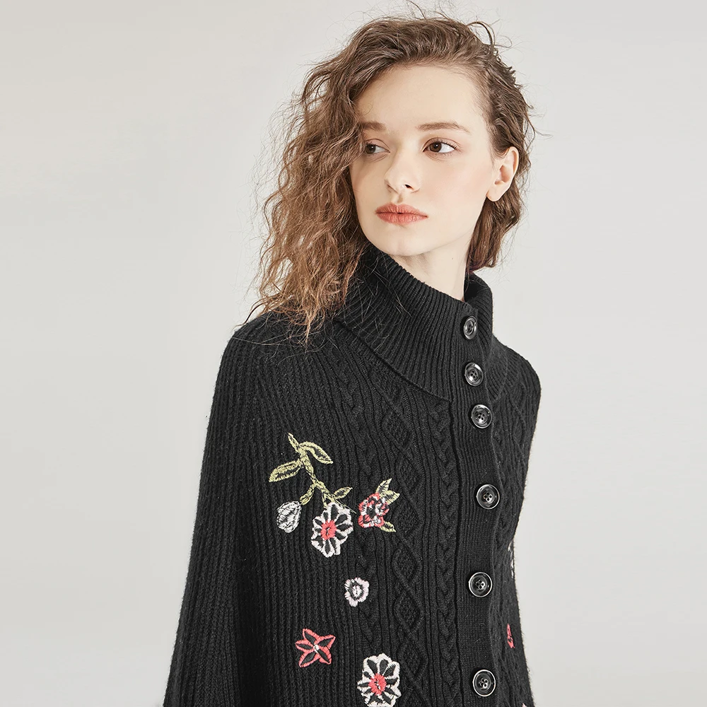 KENVY Высококачественная Роскошная Брендовая женская модная зимняя винтажная водолазка с цветочной вышивкой накидка шерстяной вязаный кардиган свитер