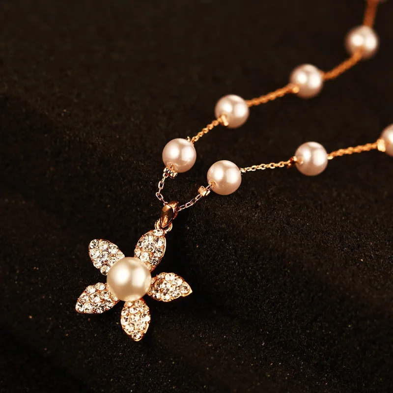 Crystal Pearl Flower Pendant Necklace Women Long Elegant Necklace