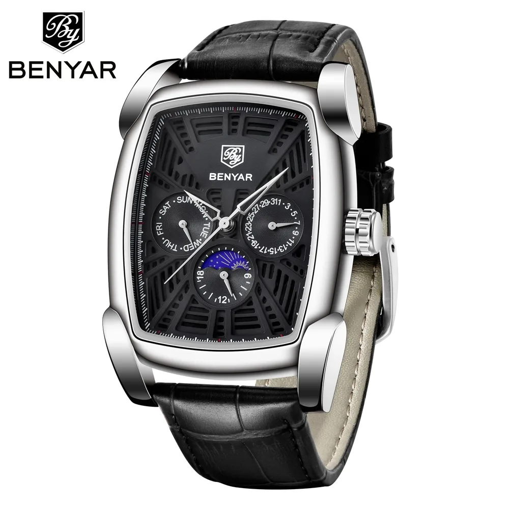 Benyar прямоугольные часы мужские водонепроницаемые кварцевые кожаные бизнес наручные часы мужские часы Неделя Дата Часы Relogio Masculino - Цвет: silver black