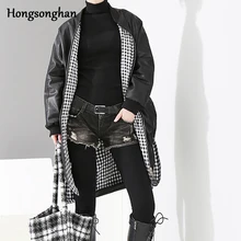 Hongsonghan,, зимняя новая Корейская версия, свободная, с обеих сторон, одежда, длинный, ПУ, плащ, шикарное, клетчатое, кожаное пальто, женский тренд