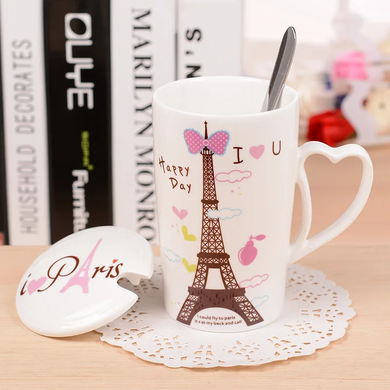 

Eiffel Tower pattern ceramic cup office couple creative spoon with lid cup mug coffee milk mug heart-shaped handle cup
