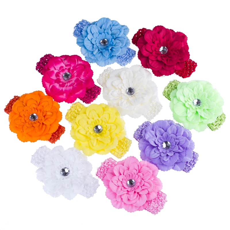 10pcs/set 10Colors Peony Chiffon Flower Crochet Elegant Headband Girls Rhinestone Dress Up Head band Hair Accessories For Women | Детская
