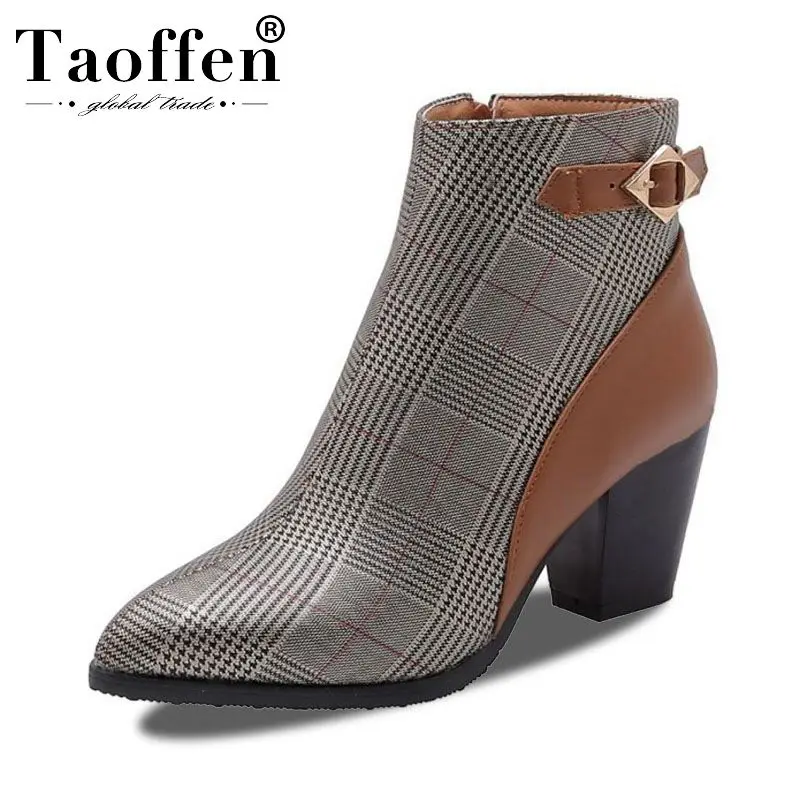 Taoffen Ankle Boots Women Plus Size 32-46 2020 Fashion Plaid Mixed Color High Heels Short Pointed Toe Cowgirl Shoes | Обувь