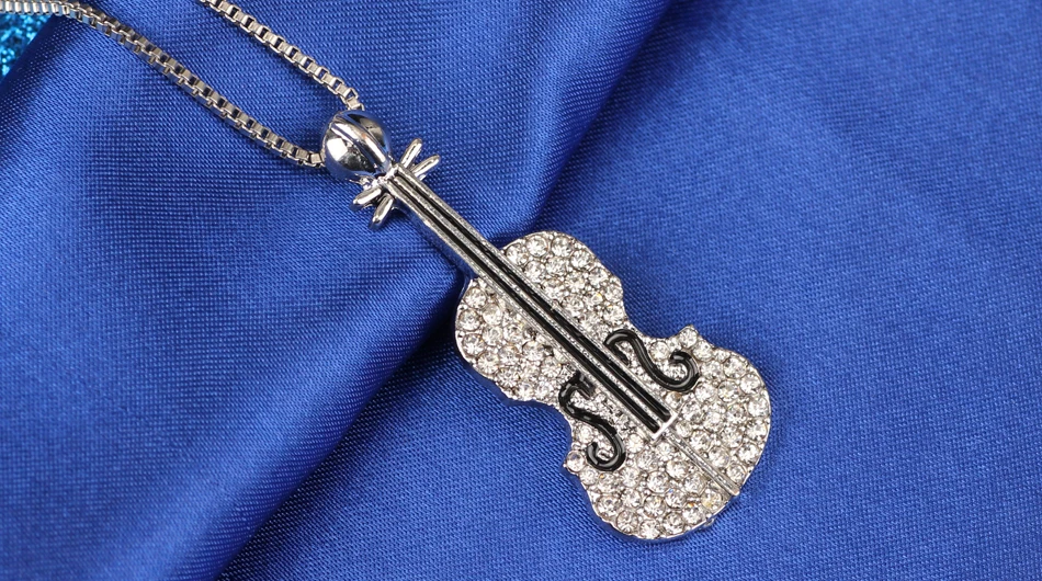 Violin Necklace Pendant with Rhinestones Musical Instrument Music Jewelry