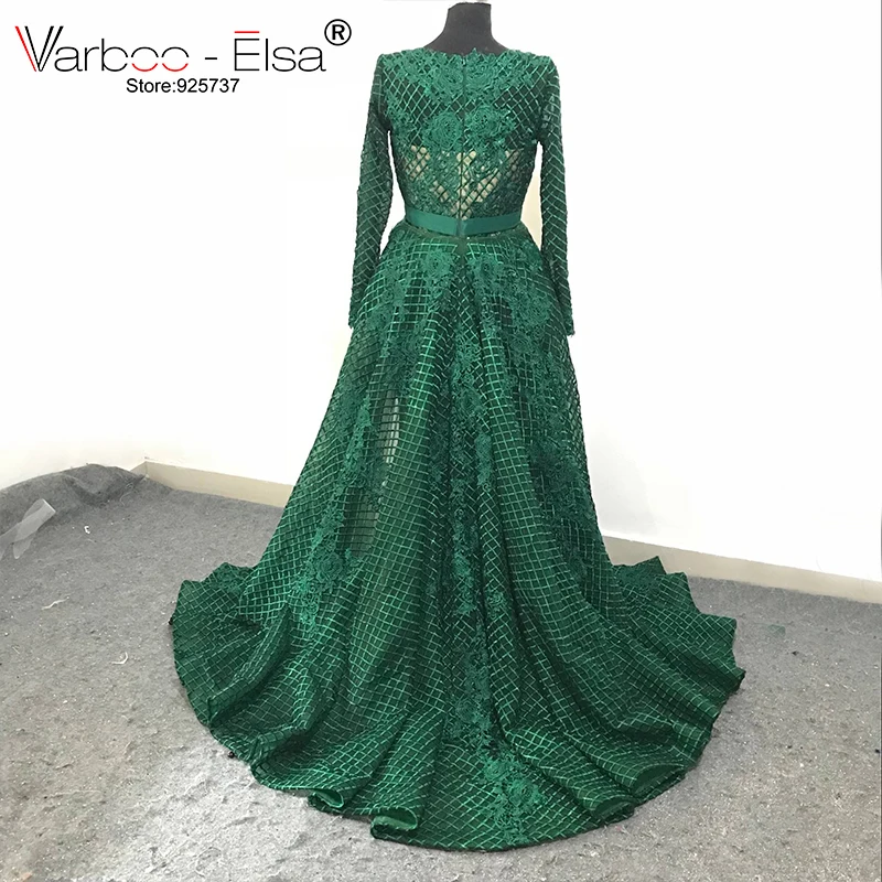 VARBOO_ELSA Винтаж мать Стиль вечернее платье vestido de festa зеленый кружева с длинным рукавом особых случаев платье Съемная Поезд