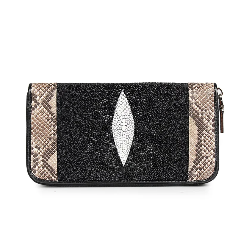 

100% Genuine Stingray Skin Patch Python Skin Women's Ladies Long Zipper Closure Clutch Wallet Purse Snakeskin Organizer Wallet