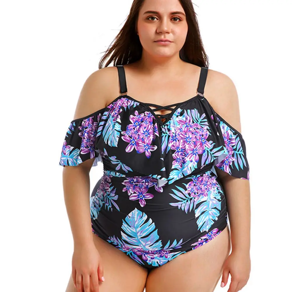 Floral one piece swimsuit plus size off shoulder swimwear ruffle maillot large sizes swimwear one piece ruffled swimsuits