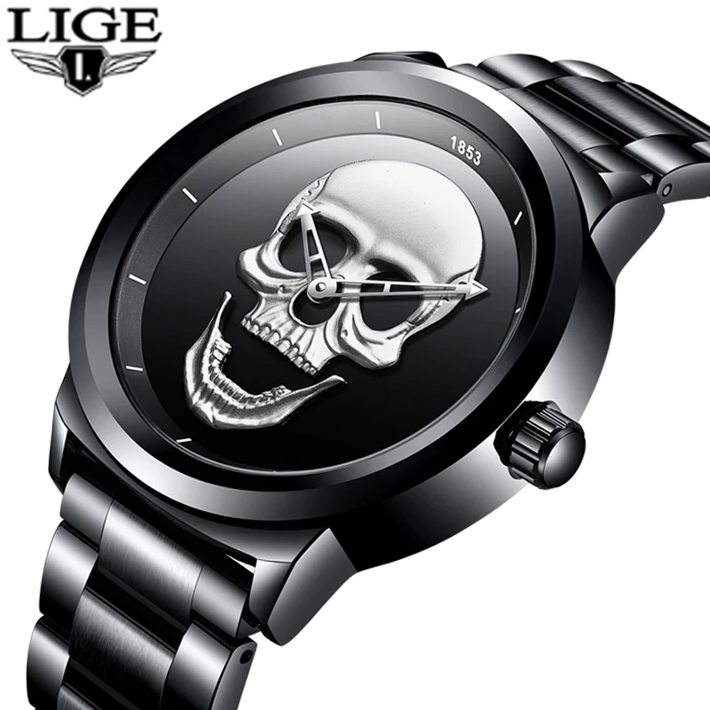 Relojes Hombre LIGE Мужские кварцевые часы черный Мода Топ люксовый бренд часы Мужские Стиль skull стали Водонепроницаемый Бизнес часы