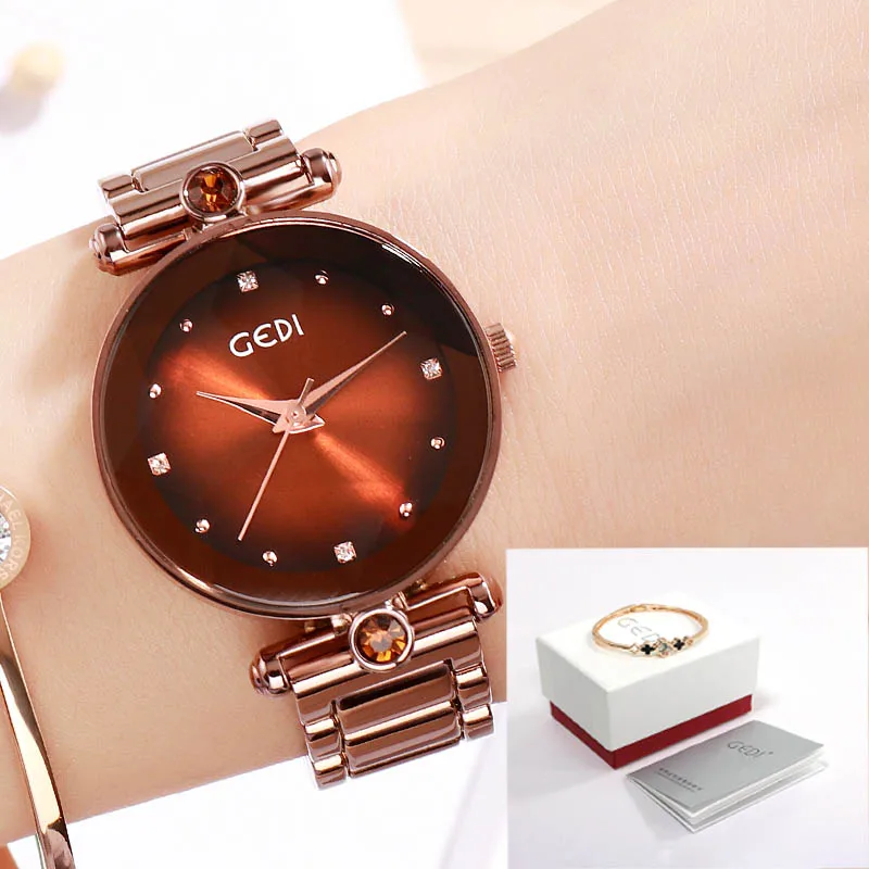 GEDI Rosegold Quartz Women's Watches Top Brand Luxury Ladies Clock Fashion Women Watch Simple Female Wristwatch reloj mujer New - Цвет: Bronze orange box