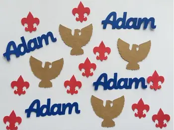 

custom name Eagle Scout Ceremony table confettis Red Fleur di Lis birthday scatters baby shower Christening wedding party decor