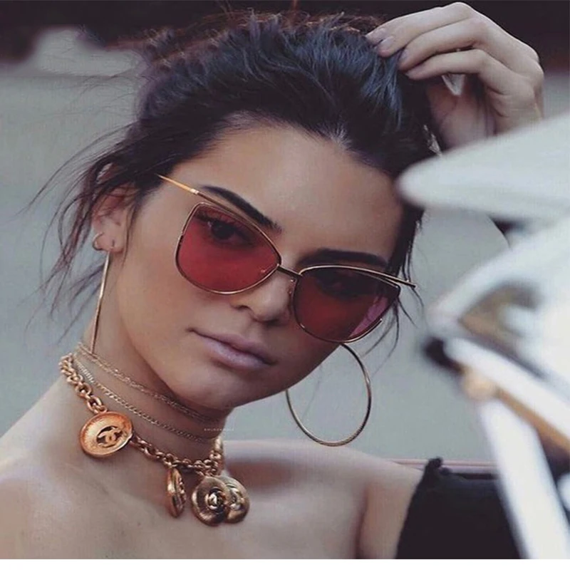 

Rihanna cat eye Sunglasses Ladies Sexy Cute Gun Glasses Luxury Designer Brand Gold metal Frame Red Lens Sunglasses Women UV400