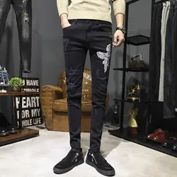 Модные Повседневное Для мужчин джинсы осень-зима Новый 28-34 ситец плотные узкие штаны Черный Личность молодежи популярны