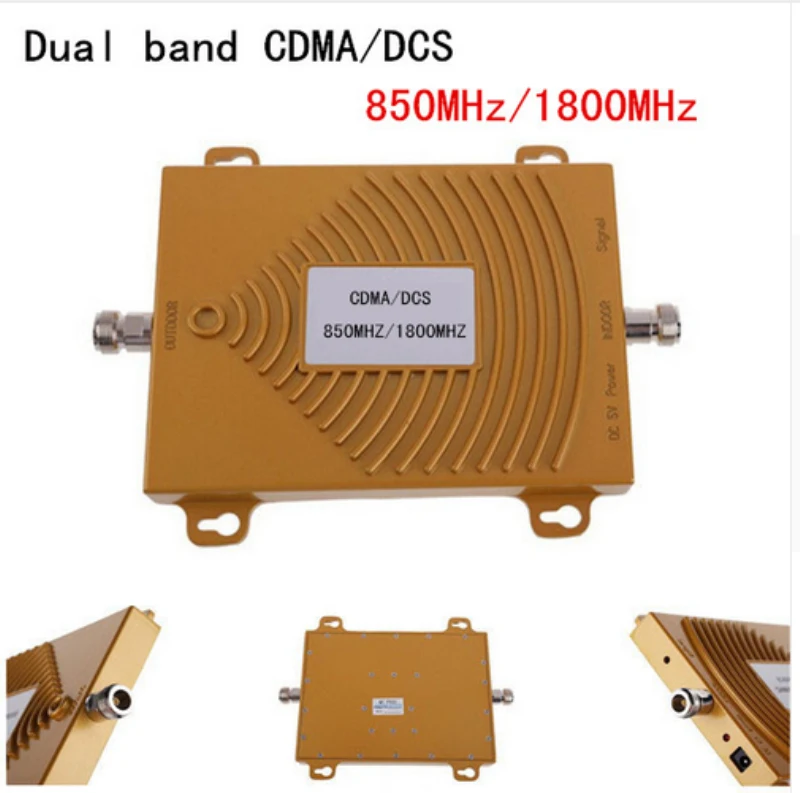 

New Gold CDMA 850 GSM 1800 Cell Phone Signal Booster UMTS 850MHz DCS 1800MHz Mobile Signal Repeater 65dB Gain Dual Amplifier