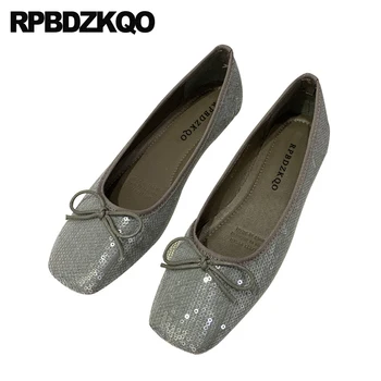 

Grey Bow Flats Green Glitter High Quality Autumn Spring Bling Sequins Single Shoes Slip On Square Toe Round Gray Shallow Sequin