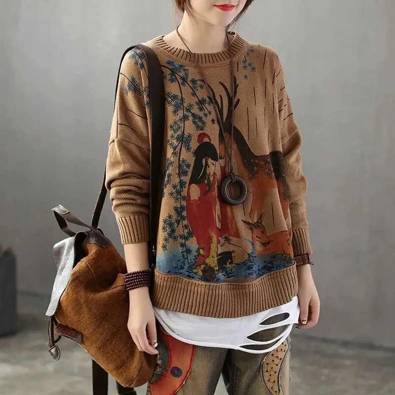 

Spring Autumn Sweater Retro Women Loose Knitting Pullovers New Tops O-Neck Print Character Blended Ladies Casual Sweater